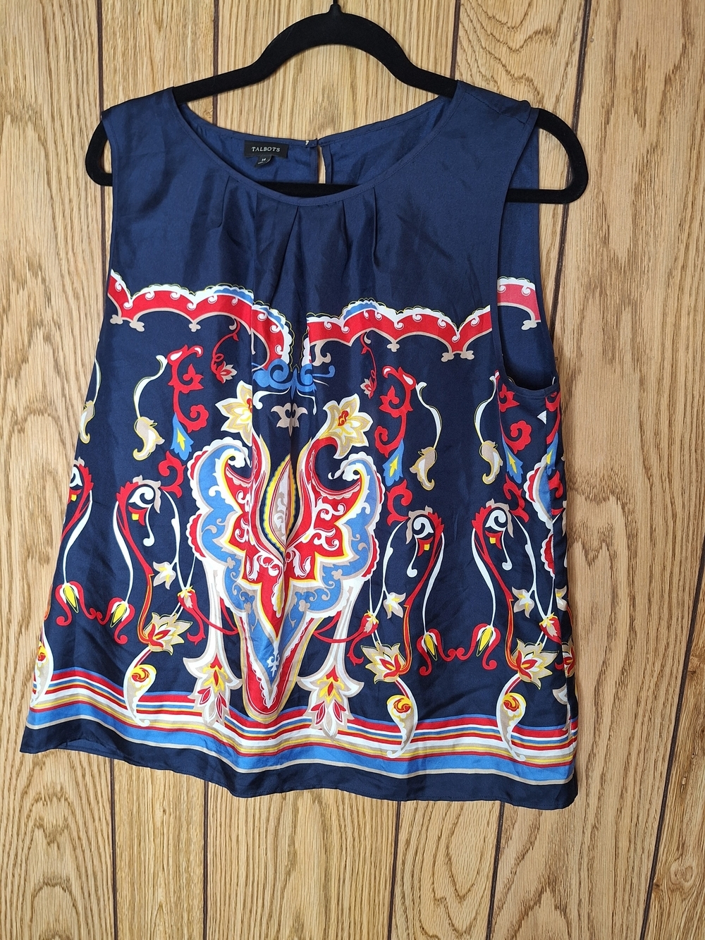 Talbots Navy Sleeveless Printed Silk Blouse Size 14